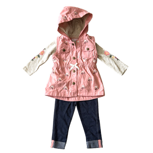 Little Lass Outfit Set Girls 12M Fall Flowers Denim Vest Shirt Leggings - Picture 1 of 5